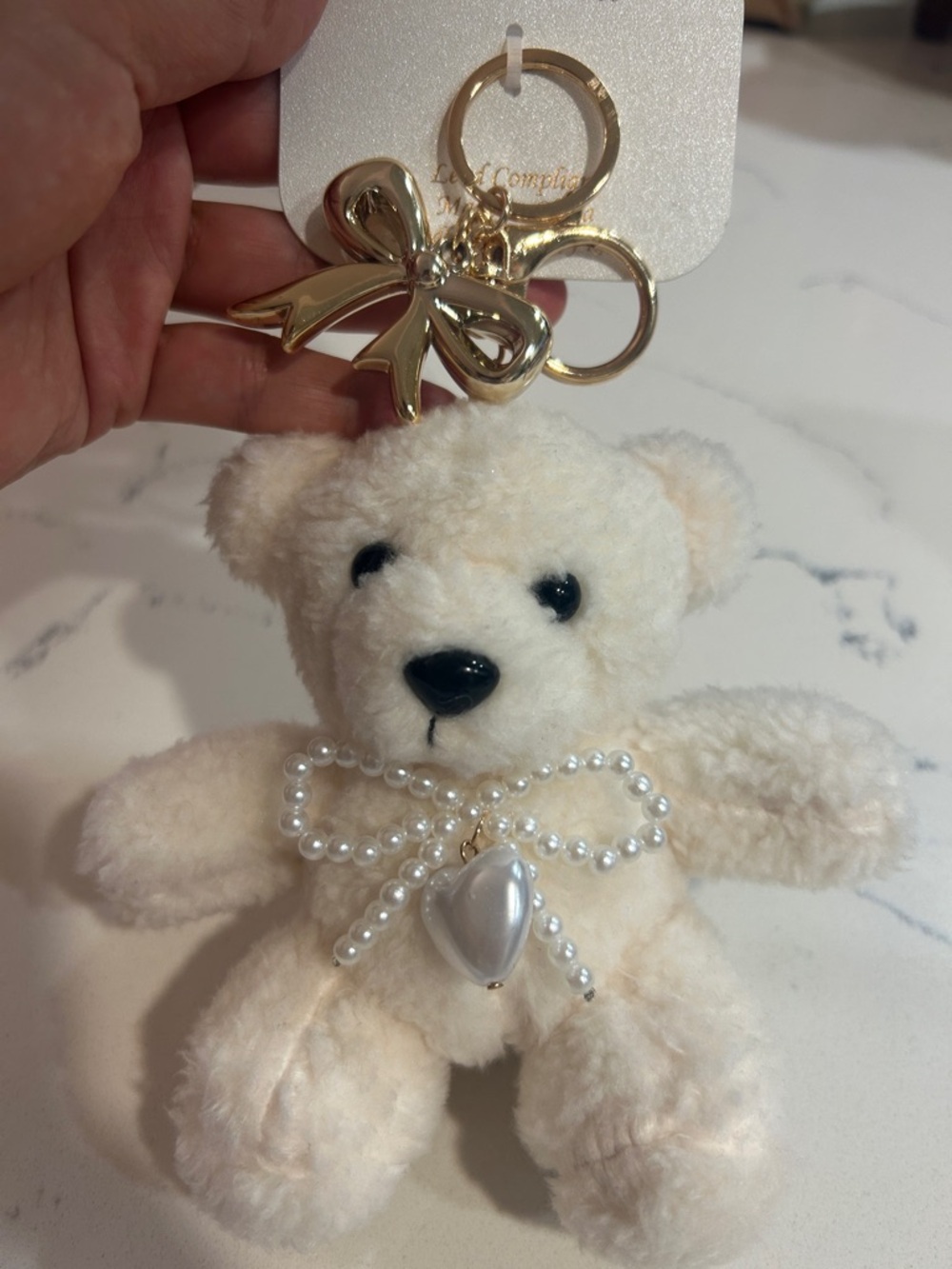 New Ivory Plush Teddy Bear Keychain with Pearl Bow and Gold Accents